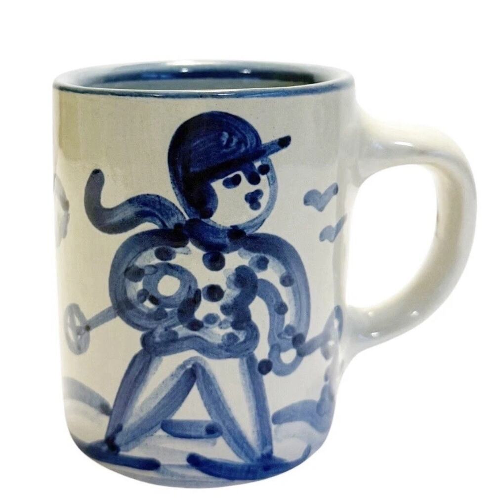 Vtg MA Hadley Blue Glazed Cross Country/Downhill Skier Stoneware Pottery Mug USA